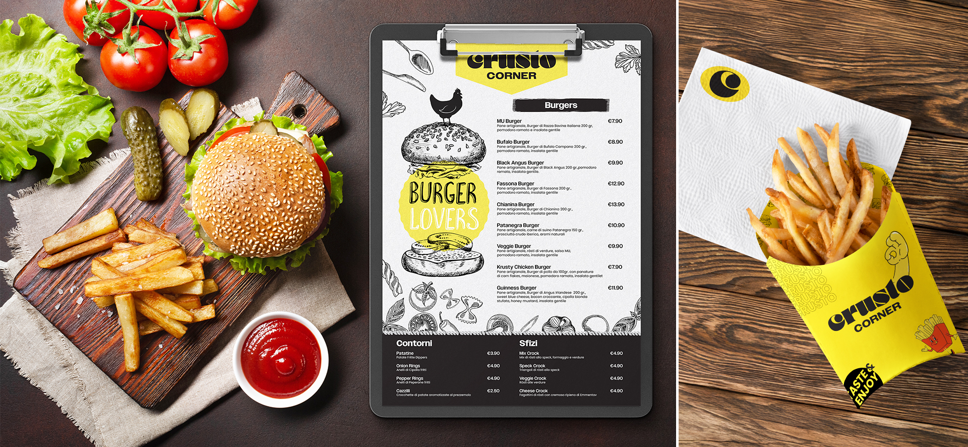 Menu & Packaging Design | Crusto Corner - Burger Restaurant Visual Identity | Media Walll Street Menu & Packaging Design | Crusto Corner - Burger Restaurant Visual Identity | Media Walll Street